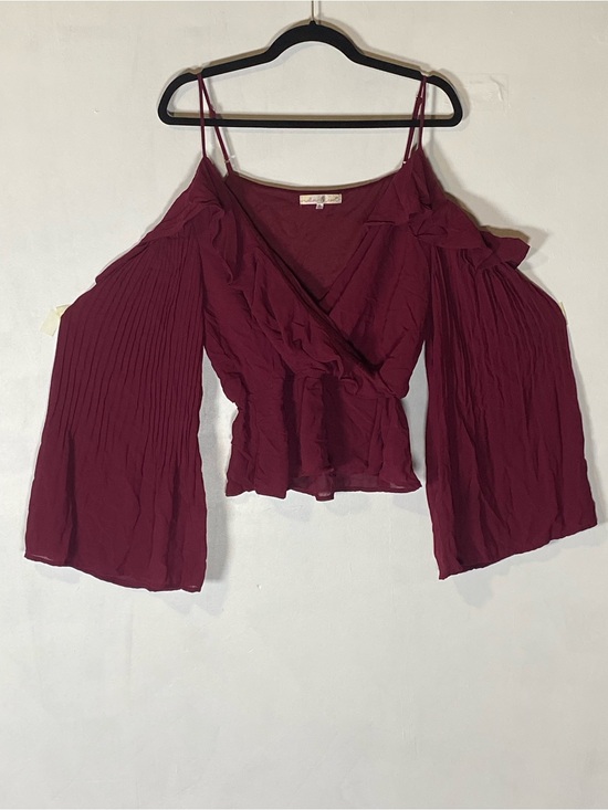 willow root Tops - Romantic Wine Red Cold Shoulder Crop Top XL Bell Sleeve Ruffle Faux Wrap Boho